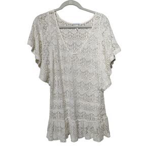 Eberjey Womens Sz M/L Cream Crochet Lace Beach Cover Up Tunic Boho Ruffle Sleeve